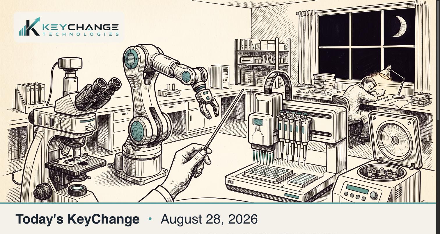 Hand-drawn pen-and-ink illustration of a hand holding a conductor's baton leading a semicircle of laboratory machines, a microscope, a robotic arm, a liquid handler, and a centrifuge, at night while a researcher sleeps at a desk, a metaphor for AI operating lab and factory hardware.