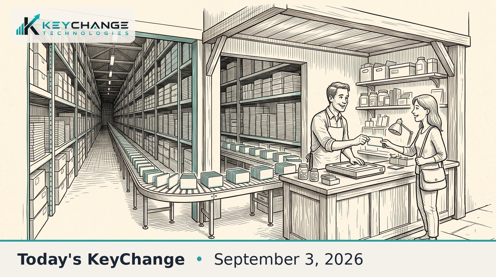 Pen-and-ink illustration: a customer hands a blank card to a shop clerk who scans it, while a conveyor belt carries endless identical cards into a vast warehouse of shelves behind them.