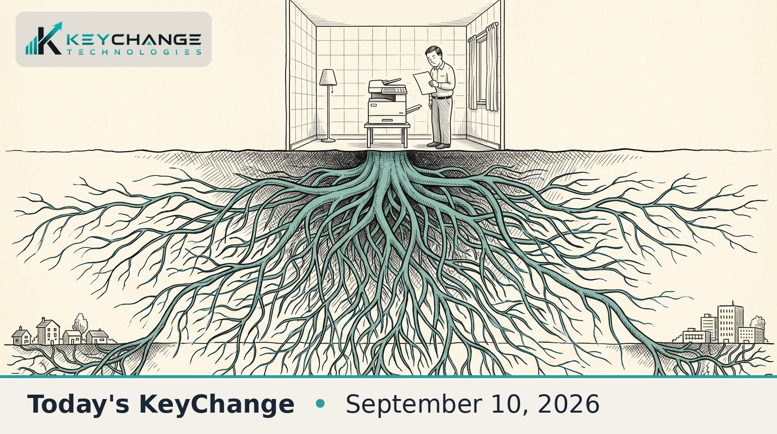 Pen-and-ink cutaway illustration: an office worker stands beside an ordinary copier in a small room, unaware that an enormous teal root system has already spread beneath the floor and reached the foundations of distant towns and city buildings.