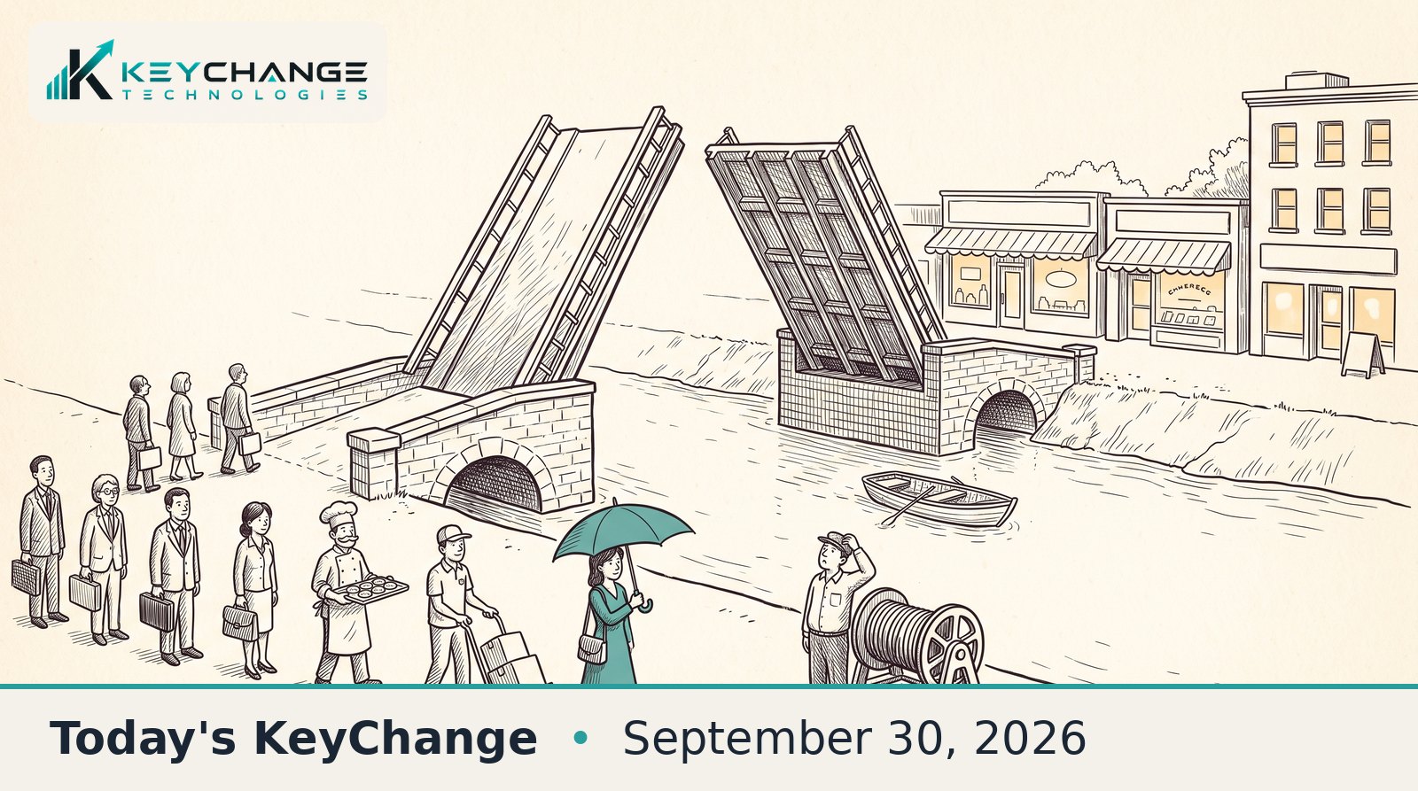 Hand-drawn pen-and-ink illustration of a drawbridge stuck halfway raised over a river, with a patient queue of commuters, a baker, a delivery man and a woman with a teal umbrella waiting on the near bank while shops sit closed off on the far bank.