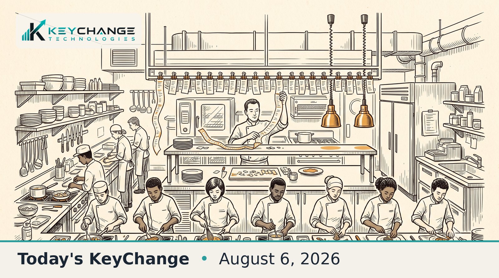 Pen-and-ink illustration of a busy restaurant kitchen: a head chef at the pass splits one long order ticket into strips on an overhead rail while a row of line cooks each work a separate station in parallel.