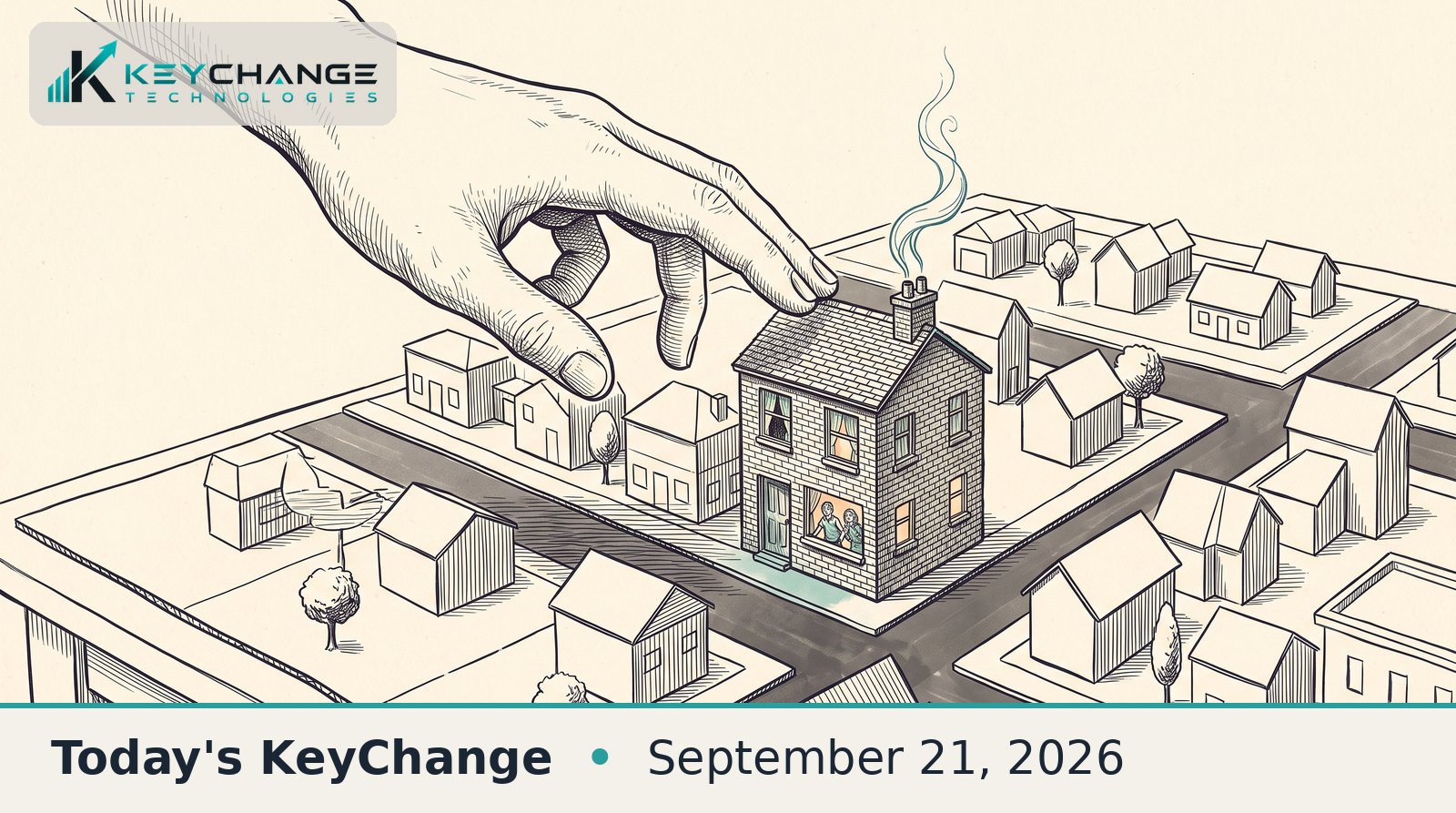 Hand-drawn pen-and-ink illustration of a tabletop model town of blank cardboard houses, with one fully detailed real brick house at its centre, smoke rising from its chimney and two tiny figures at a lit window, as a giant hand freezes in mid-reach above it.