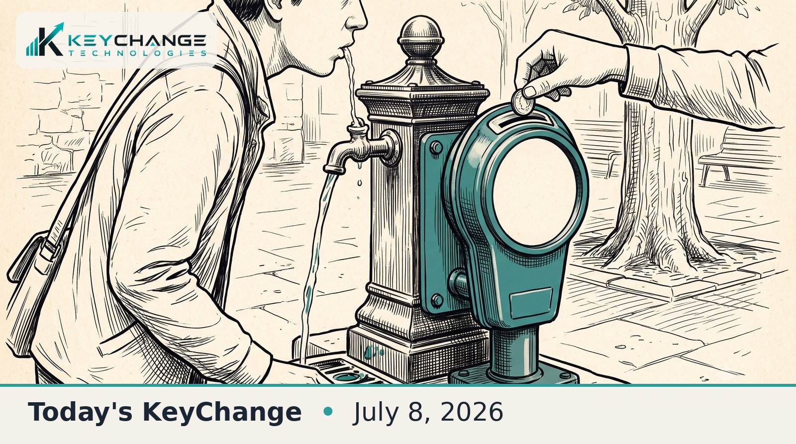 Pen-and-ink editorial illustration of a person drinking from a public water fountain that now has a coin-operated meter bolted on, with a hand dropping a coin into the slot, a metaphor for a once-free resource becoming pay-per-use.