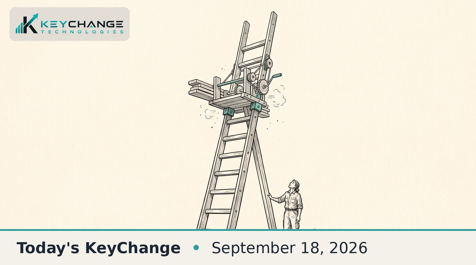 Pen-and-ink illustration of a tall wooden ladder standing in an open yard, with a small mechanical carriage near the top fitting fresh rungs above itself so the ladder grows taller, while a lone worker on the ground far below rests a hand on the rail and watches.