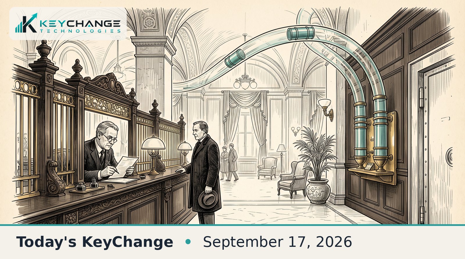 Pen-and-ink illustration of a bank lobby: a teller carefully inspects one customer's paperwork at the counter while an unattended pneumatic tube station on the far wall quietly sends and receives canisters.