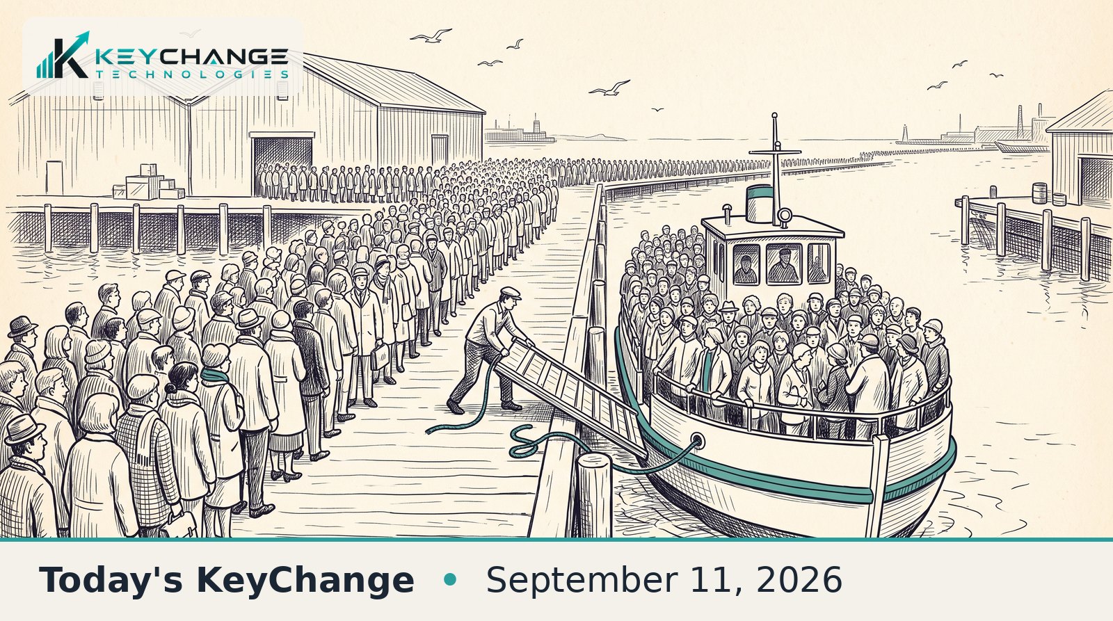 Pen and ink illustration of a deckhand hauling the gangway away from an overloaded passenger ferry while an enormous line of waiting people stretches down the pier into the distance.