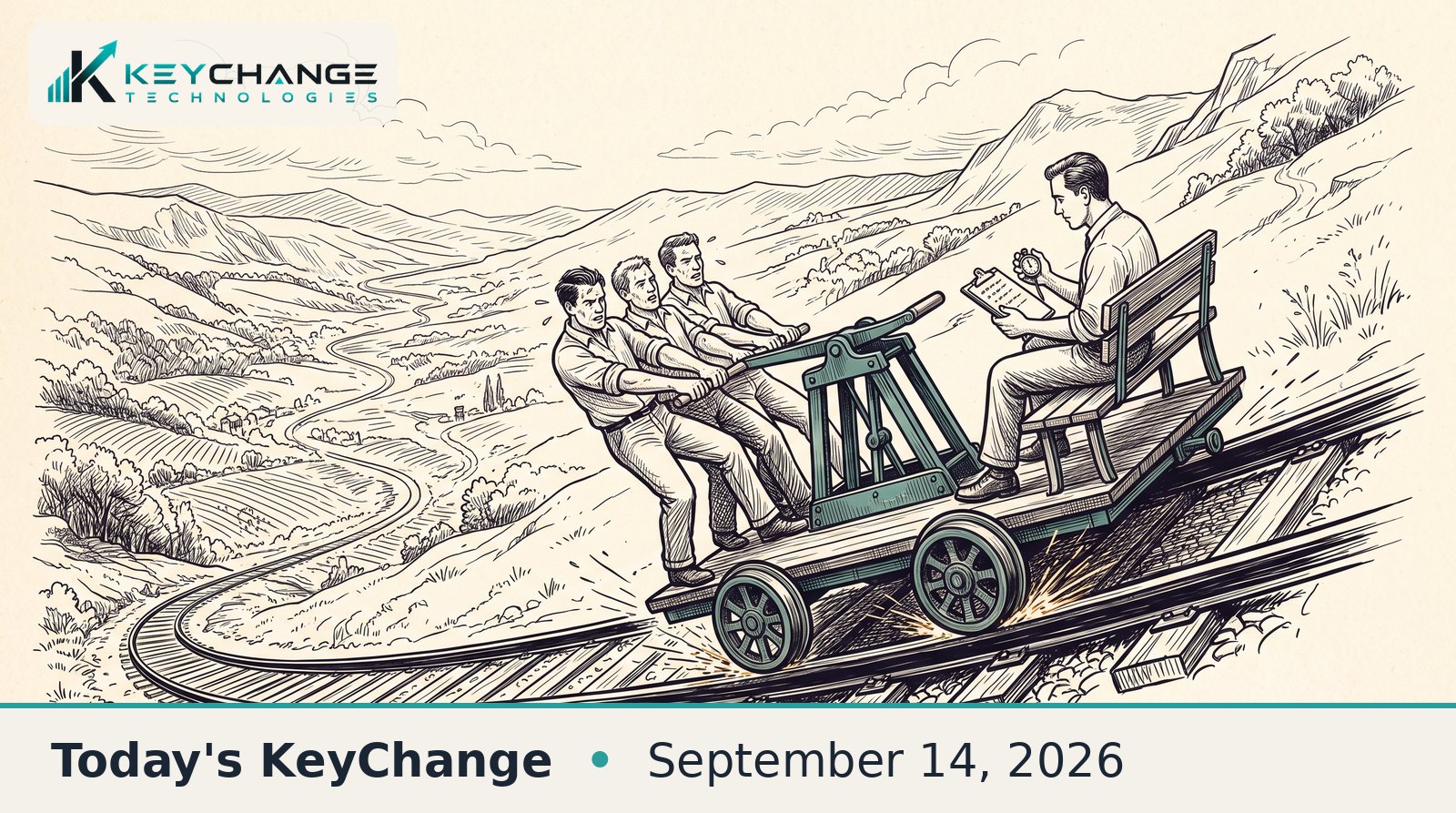Pen-and-ink illustration of three people on a railway handcar hauling back on a brake lever as it speeds down a steep track, while a fourth person sits at the back with a clipboard and stopwatch taking notes.