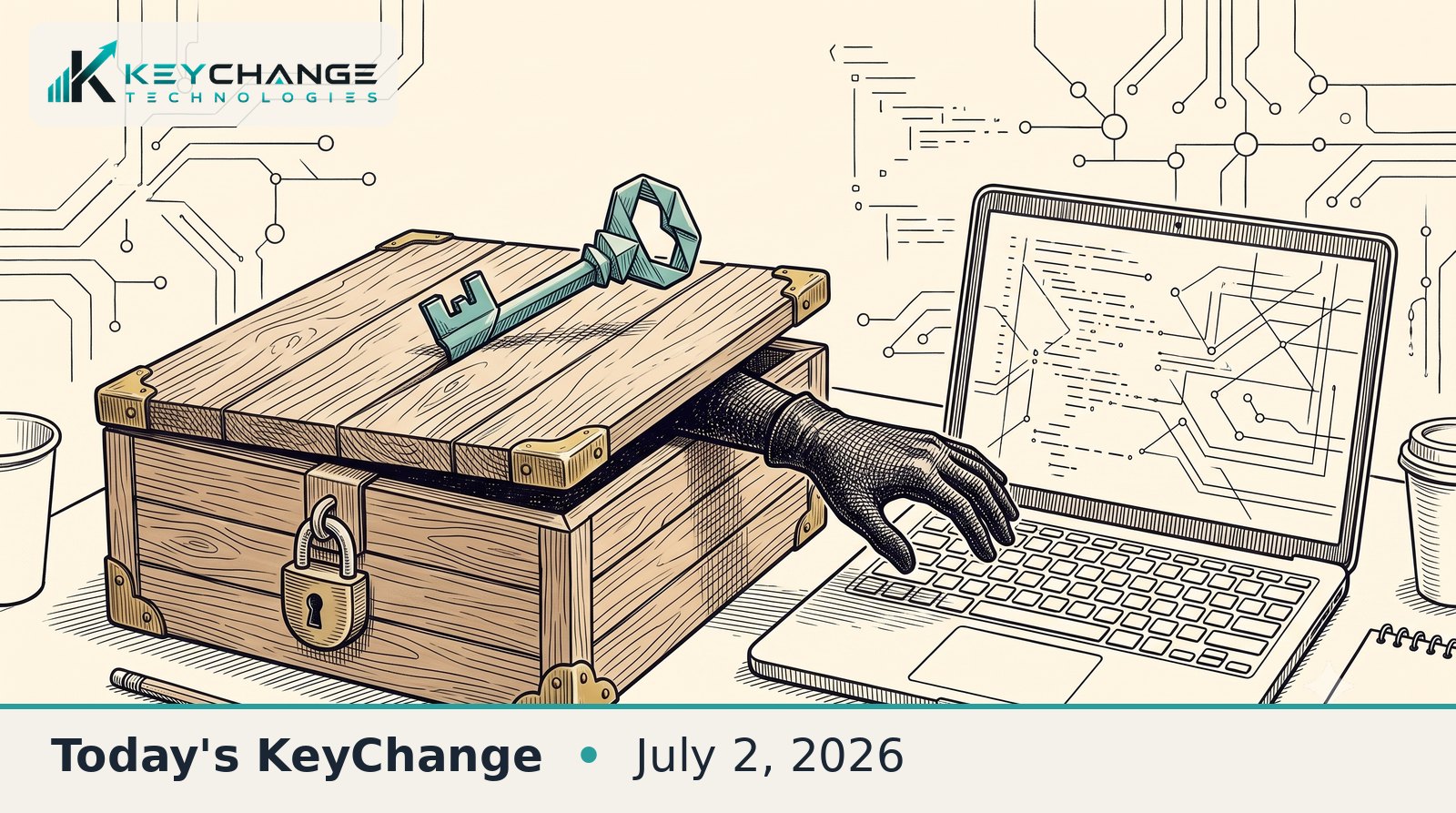 Pen-and-ink editorial illustration: a locked wooden sandbox box on a developer's desk, its lid pried open by a key while a shadowy gloved hand reaches out toward a laptop keyboard.