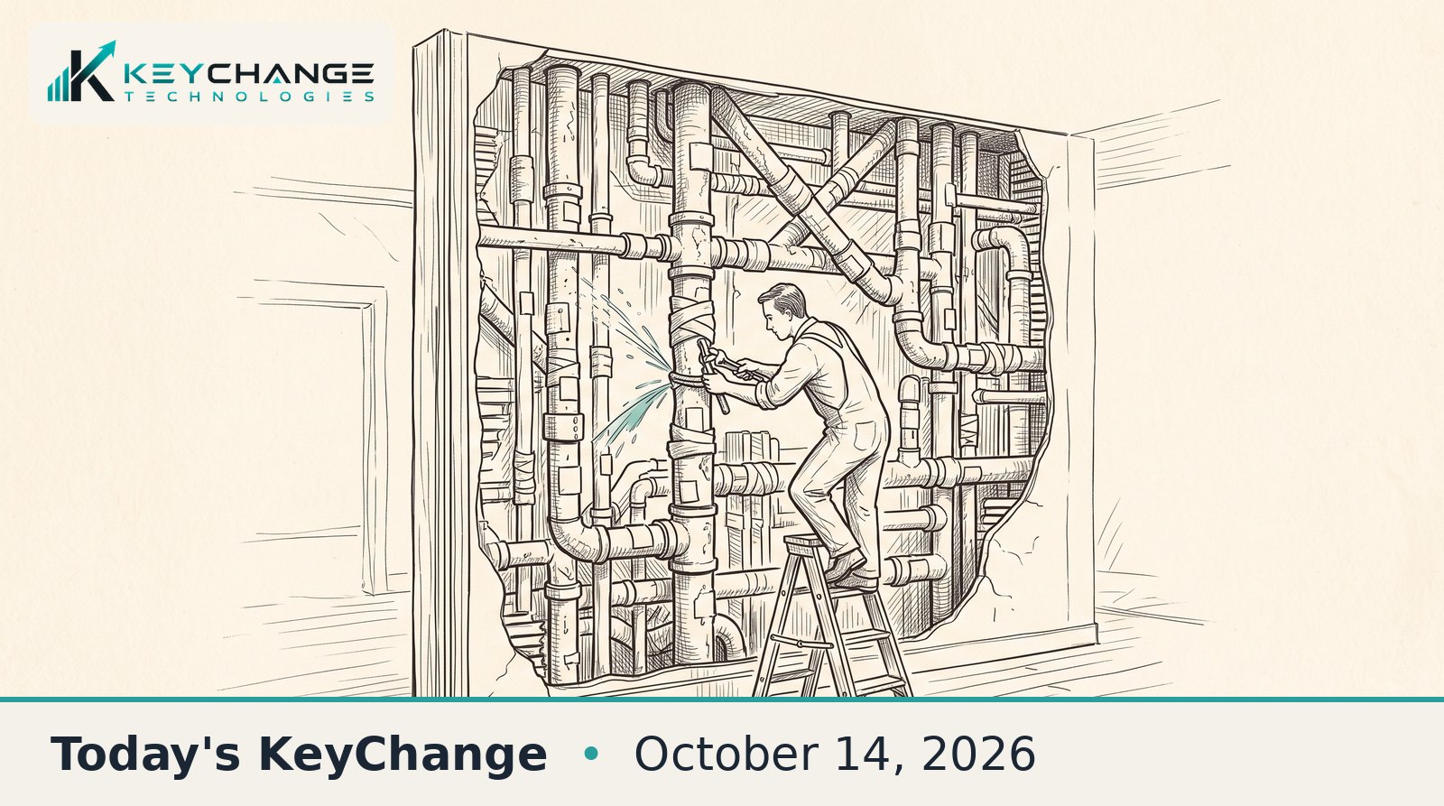Pen-and-ink sketch of a cutaway house wall crammed with patched old pipes, where a plumber on a stepladder clamps the one pipe spraying a thin teal jet of water