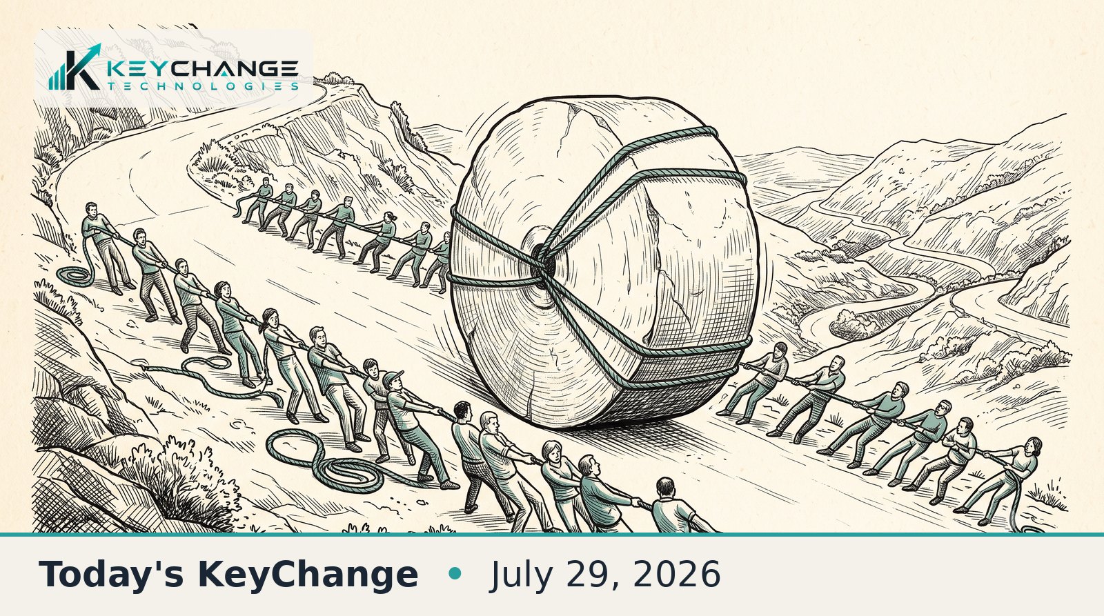 Pen-and-ink editorial illustration of two teams of people straining on ropes to slow a giant stone wheel rolling down a hillside road, a metaphor for pacing fast-moving AI.