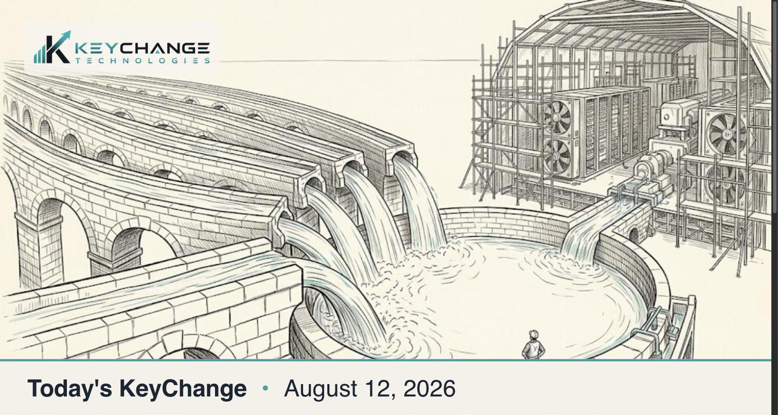 Pen-and-ink editorial illustration: six great stone aqueducts pour a torrent into a vast reservoir that feeds an immense hall of computer servers under scaffolding, with a tiny engineer on the rim dwarfed by the scale.