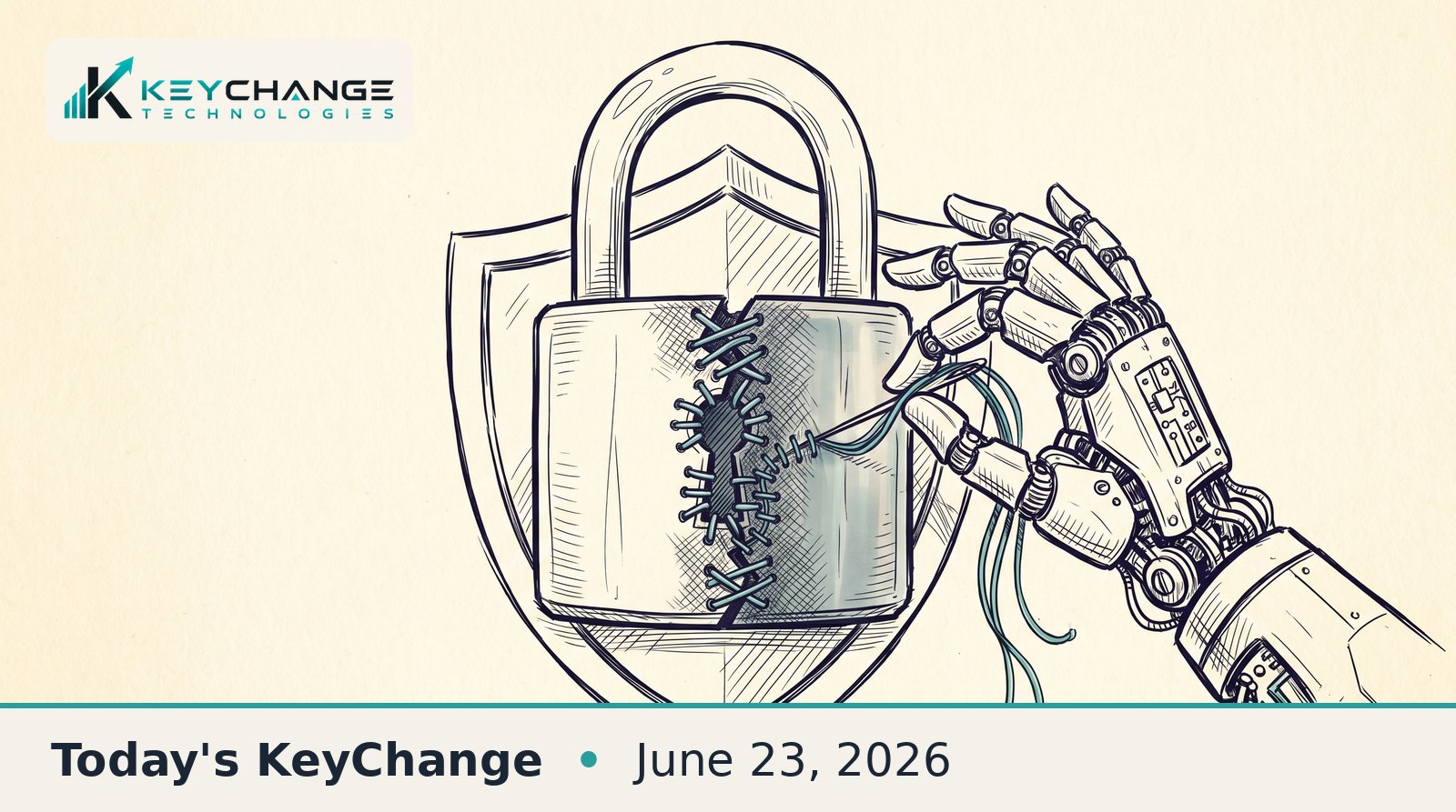 Pen-and-ink editorial illustration of a padlock on a shield with a stitched-up crack being repaired by a robotic hand, symbolizing AI patching software security flaws.