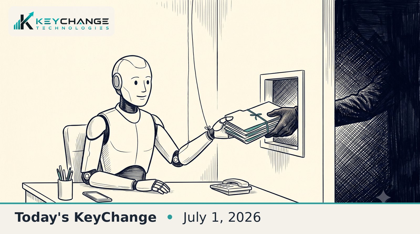 Pen-and-ink editorial illustration: a robot office assistant at a desk hands a stack of confidential files through a hatch to a shadowy gloved hand, with a marionette string on its wrist showing it is being manipulated.