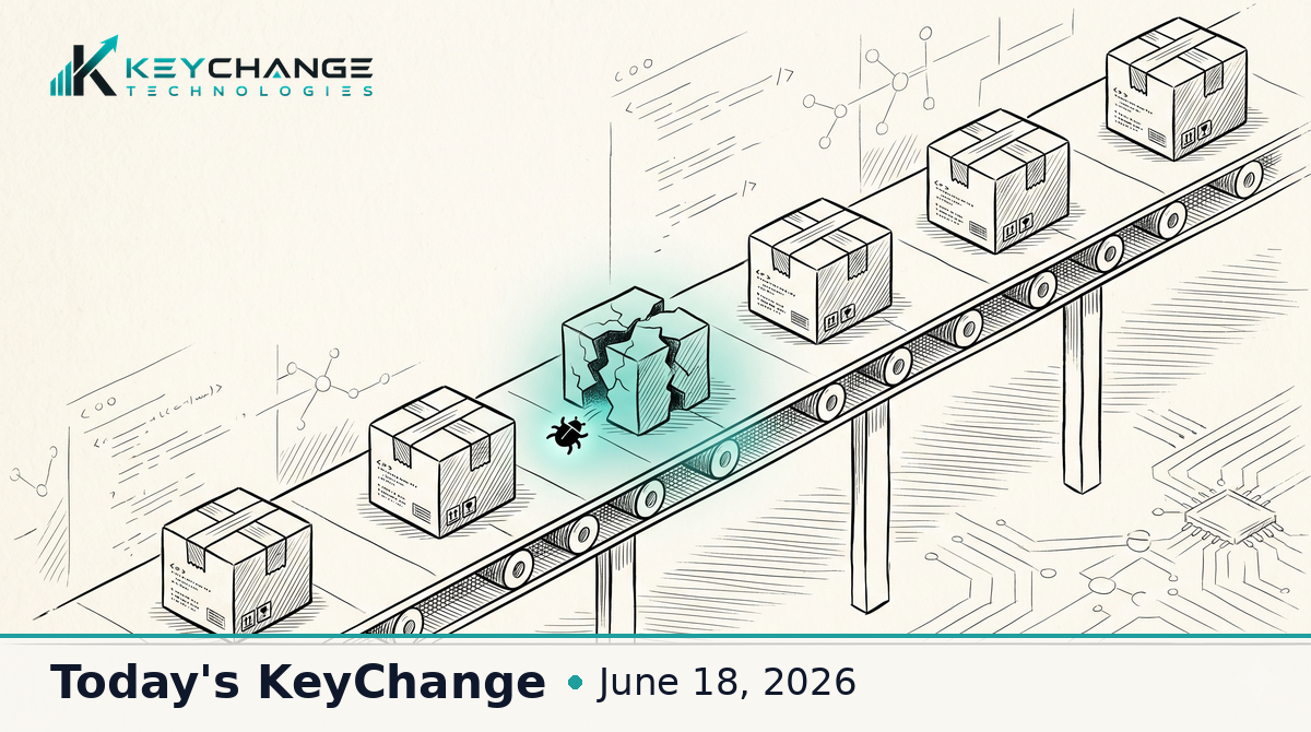 Hand-drawn editorial illustration of a software supply-chain conveyor belt with one poisoned package, the KeyChange logo, and the date caption for June 18, 2026.