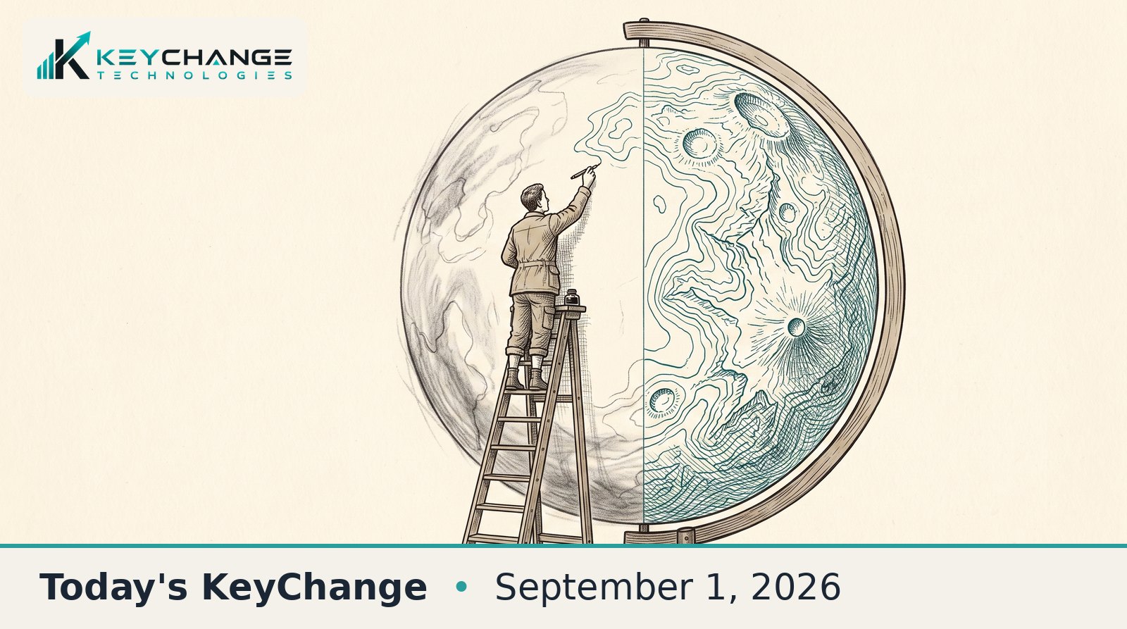 Pen-and-ink editorial illustration: a lone cartographer on a tall wooden ladder redraws one half of an enormous planetary relief globe in crisp teal contour lines, while the other half remains soft and blurred.