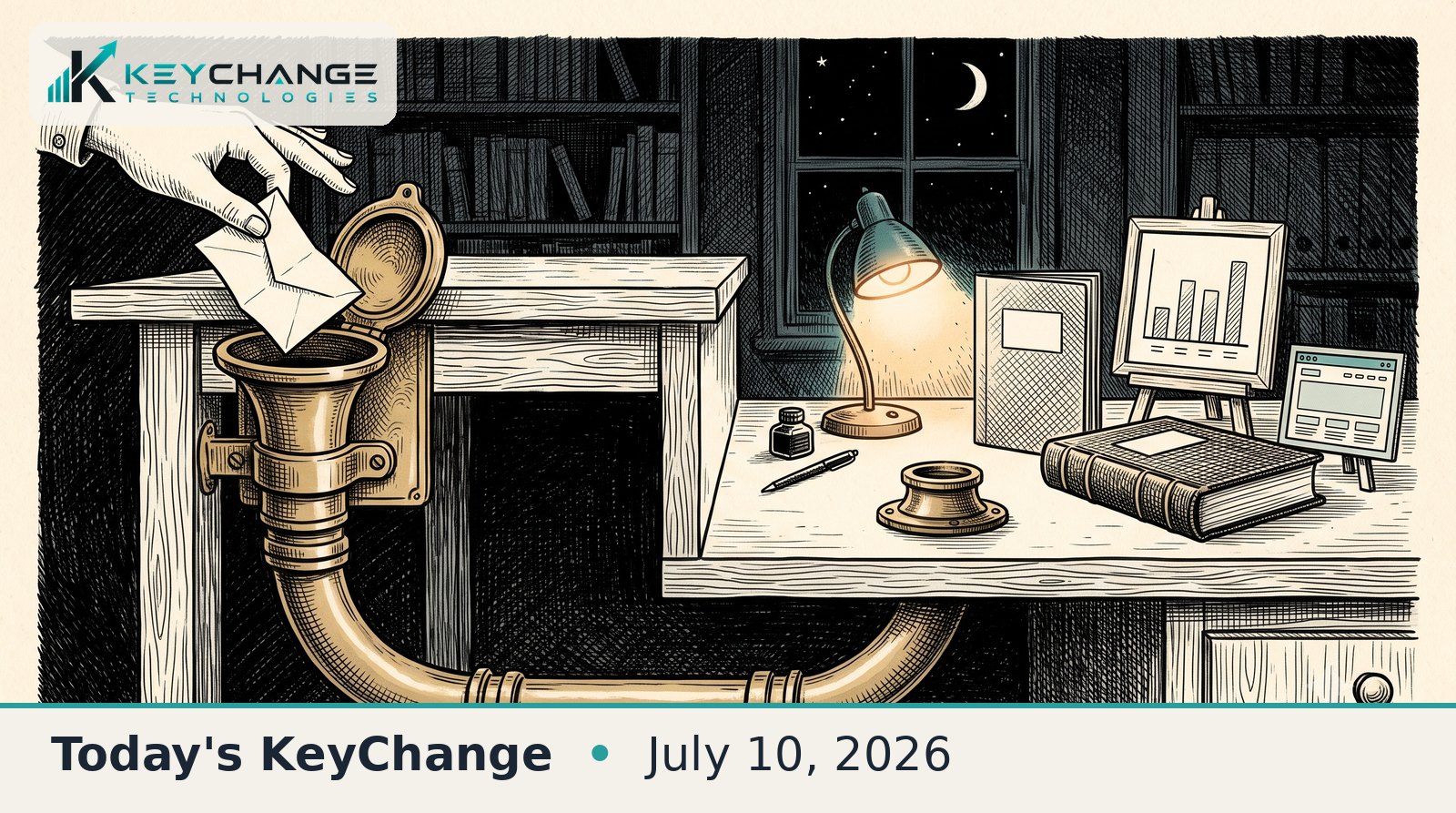 Pen-and-ink illustration of a hand dropping a note into a brass pneumatic tube that delivers a finished report, chart, ledger, and webpage onto a desk, a metaphor for an AI agent that ships completed work.