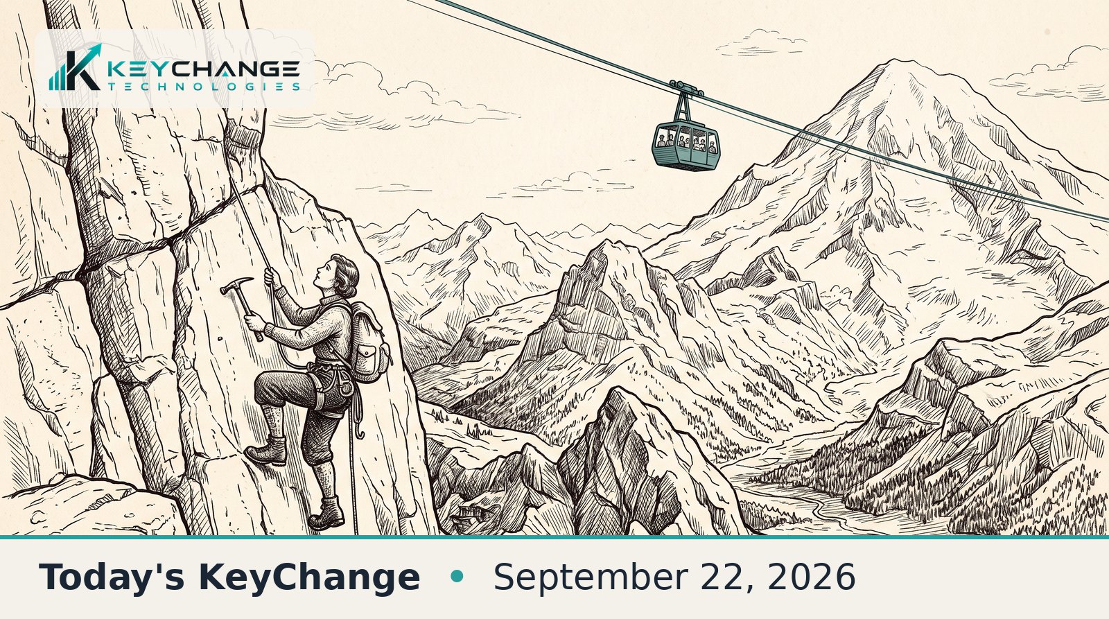 Pen-and-ink illustration of a lone mountaineer partway up a sheer rock face, pausing to watch a teal cable car glide along its cable toward the distant summit.