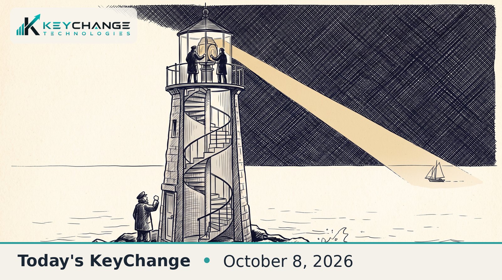 Pen-and-ink sketch of a lighthouse cut away to show its spiral stairs: two strangers in the lamp room swing the amber beam to steer a small sailboat toward the rocks while the keeper knocks at his own shut door below.