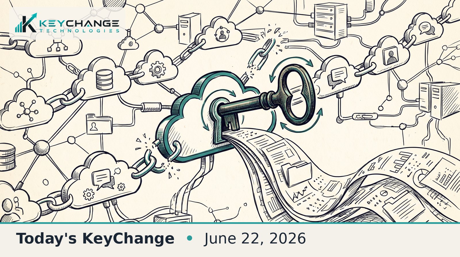 Pen-and-ink editorial illustration of a single key unlocking one cloud in a web of connected business apps, with a ribbon of documents flowing out, symbolizing a SaaS supply-chain data breach.