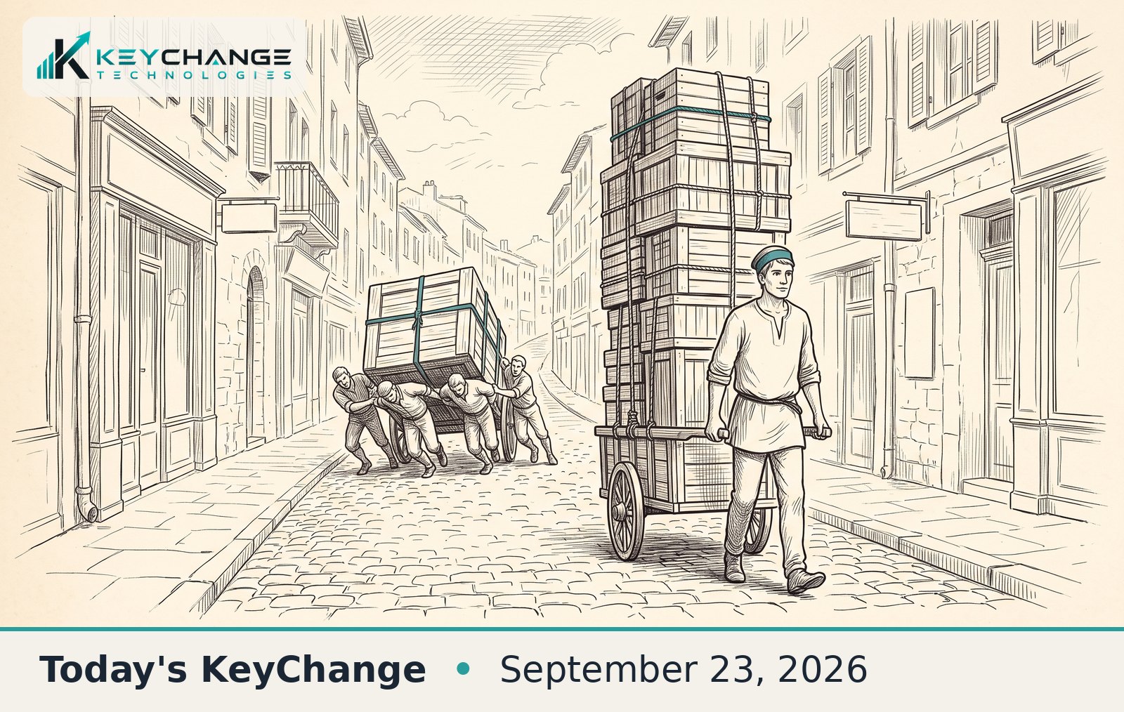 Pen and ink illustration of a lone porter easily pulling a handcart stacked high with crates up a cobbled street while a crew of four strains to push a single crate behind him.