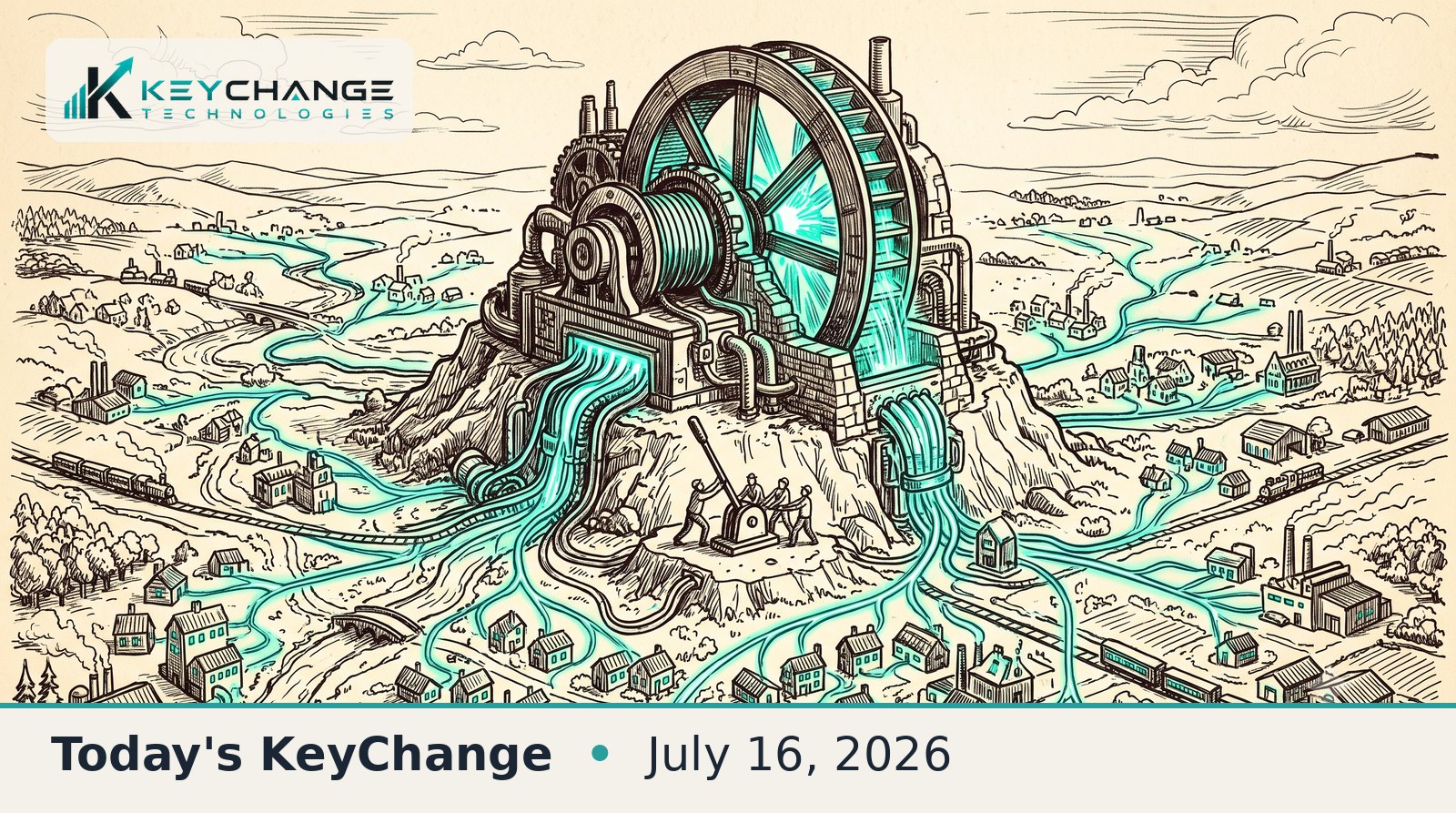 Hand-drawn pen-and-ink illustration of a giant dynamo on a hill powering glowing teal energy channels that branch out across a whole landscape of small towns, factories, and rail lines.