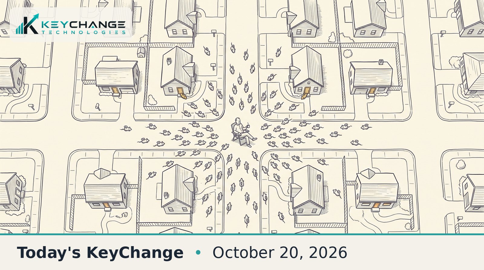 Pen-and-ink sketch, seen from above, of a man relaxing in a lawn chair in the middle of a suburban street while hundreds of wind-up toy mice fan out to every house, a few slipping under amber-colored front doors