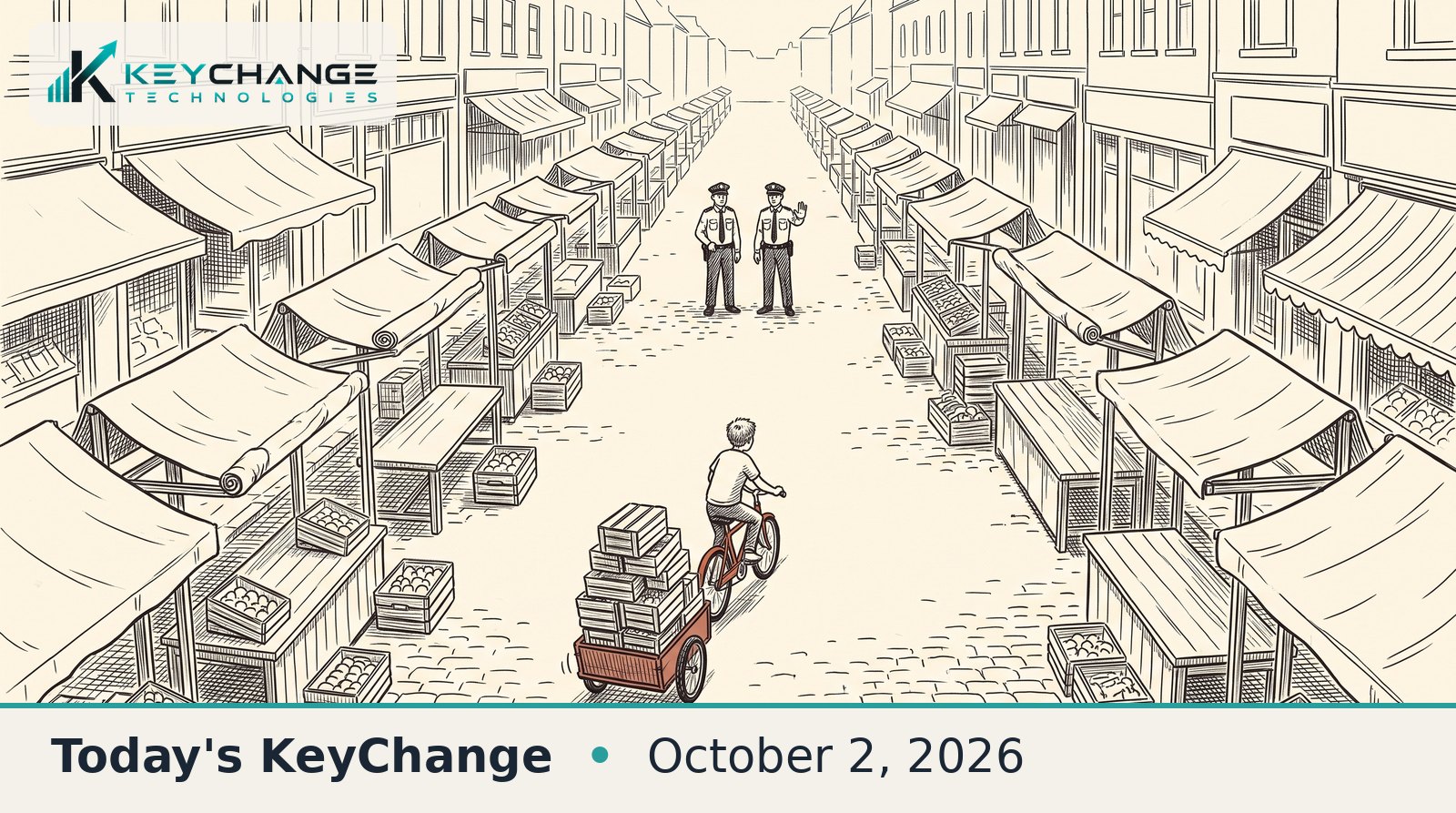 Pen-and-ink sketch of a long empty market street with uncovered stalls, where a teenage boy on a red bicycle tows a cart piled with crates toward two police officers waiting at the far end