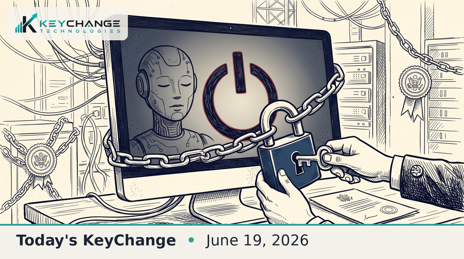 Pen-and-ink editorial sketch of an AI chatbot on a computer monitor being chained and padlocked shut by a hand, with a power-off symbol, illustrating a frontier AI model forced offline by government order.