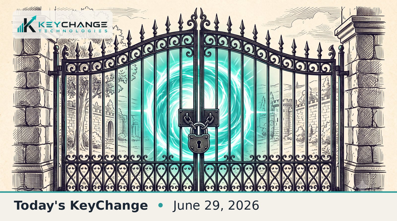 Hand-drawn pen-and-ink illustration of a glowing teal AI orb sealed behind a locked wrought-iron gate, symbolizing gated access to powerful AI.