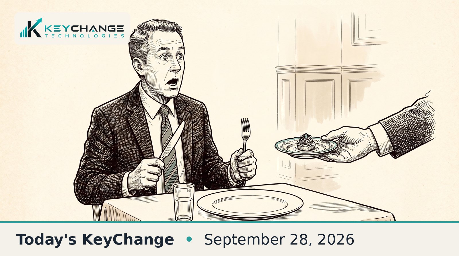 Pen-and-ink illustration of a diner sitting with his knife and fork raised in surprise, an empty plate in front of him, as a waiter's hand carries his meal away.