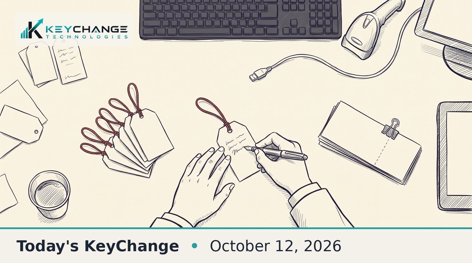 Pen-and-ink sketch looking down on an airline gate counter: a gate agent's hands write a paper luggage tag by hand beside a fanned pile of finished tags and a clipped stack of boarding cards, while an unplugged keyboard and barcode scanner sit idle.
