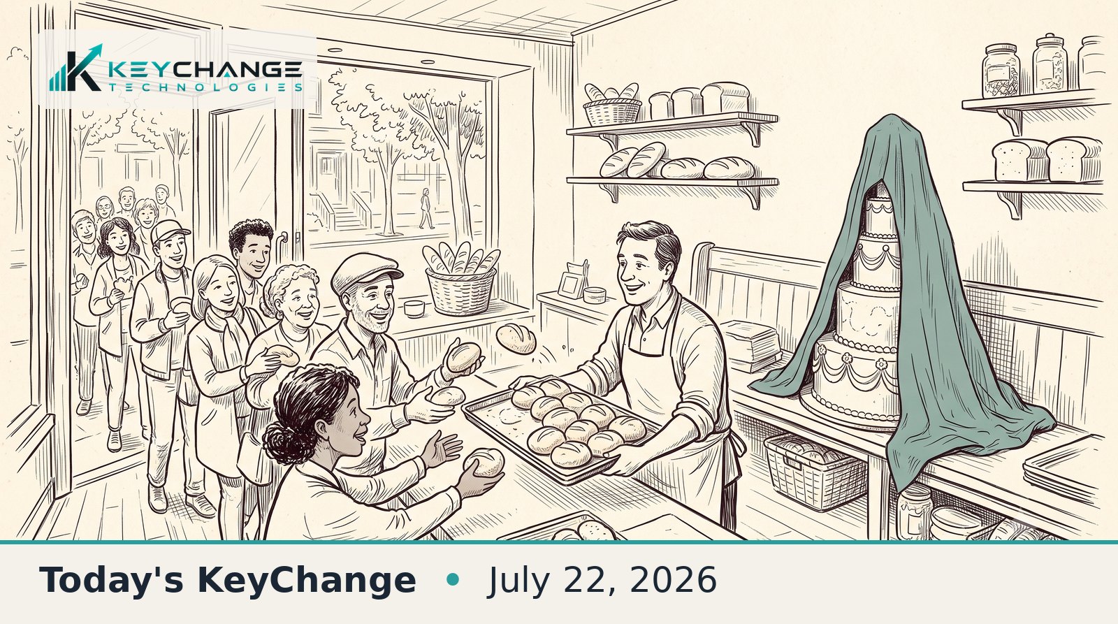 Pen-and-ink illustration of a bakery: a baker hands out trays of small fresh rolls to an eager line of customers out the door, while a tall tiered showpiece cake sits unfinished under a draped cloth on the back bench.