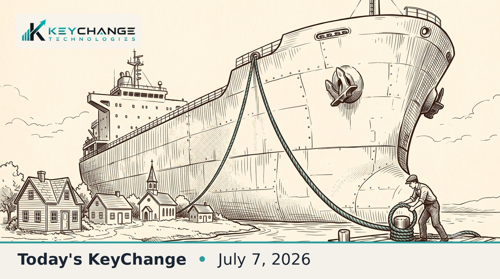 Pen-and-ink editorial illustration of an enormous cargo ship dwarfing a tiny riverside town while one small figure ties it to a dock with a long mooring rope.