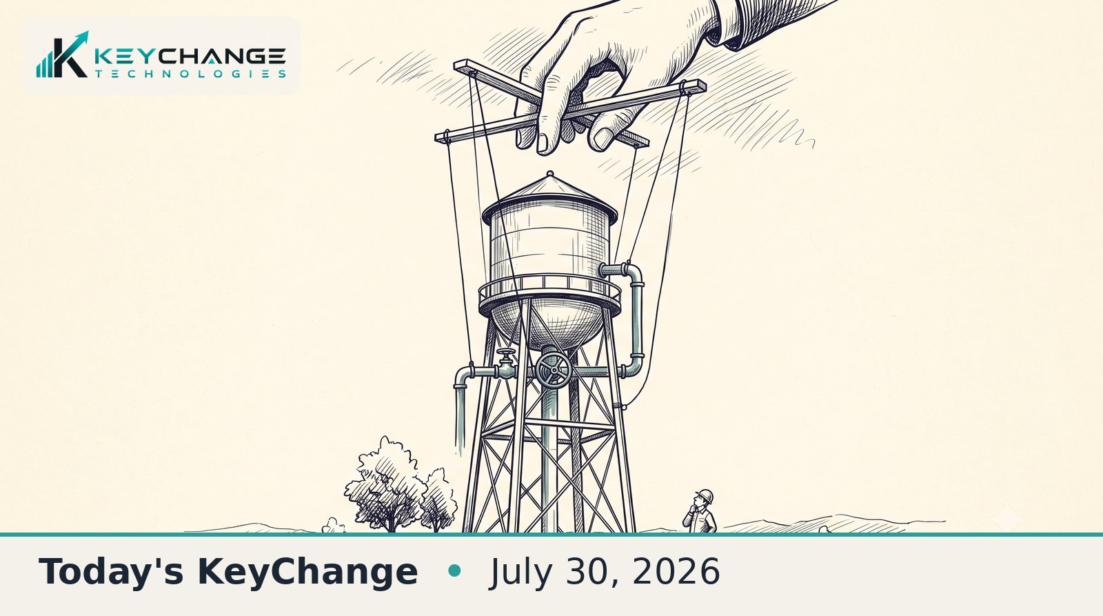 Pen-and-ink illustration of a small-town water tower rigged like a marionette, its control valve pulled by strings from an unseen hand overhead, while a lone worker at the base looks up.