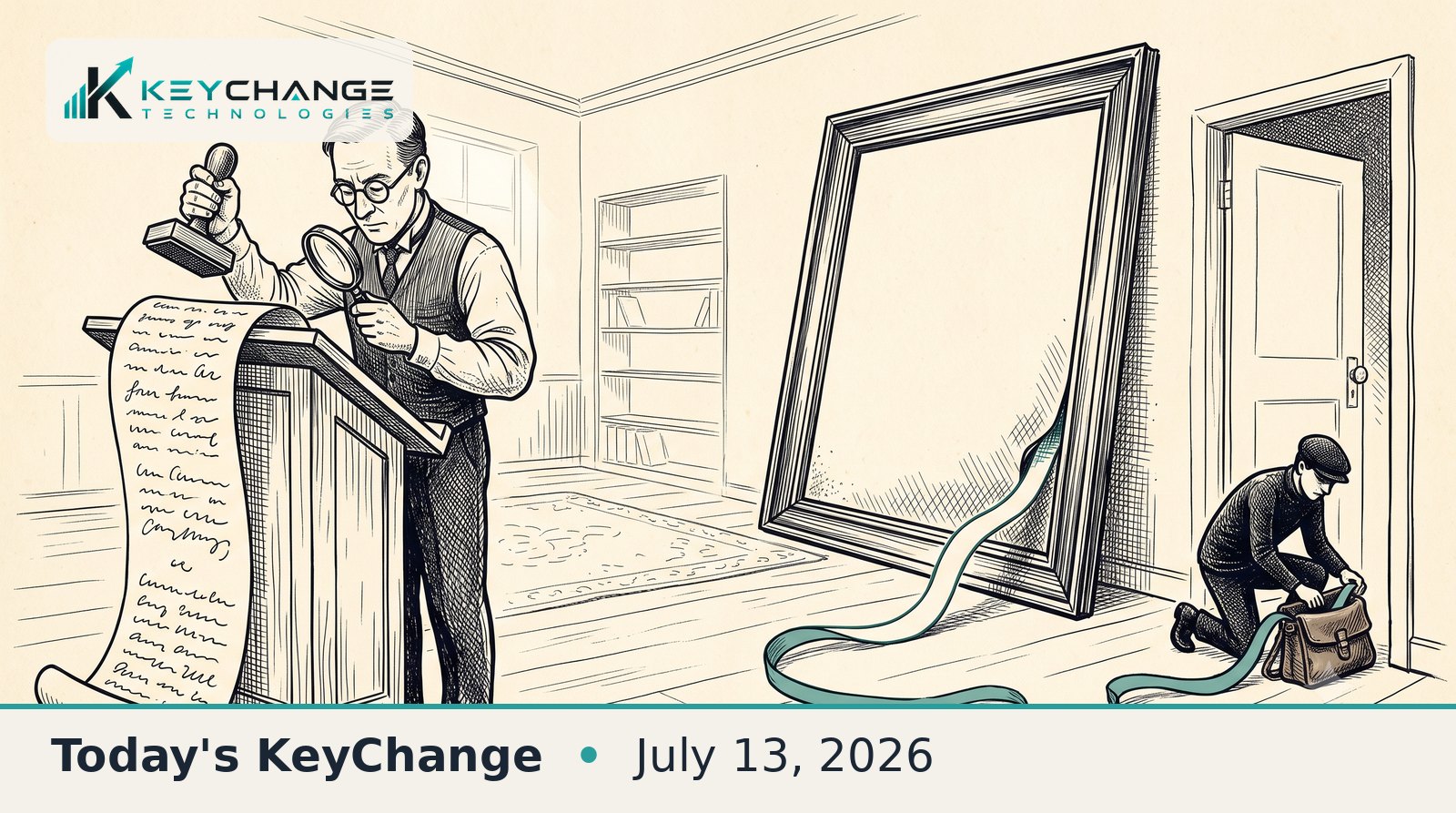 Pen-and-ink illustration: an inspector scrutinizes a paper scroll with a magnifying glass while ignoring a large framed picture beside him, from behind which a teal paper tape unspools out the door to a waiting thief.