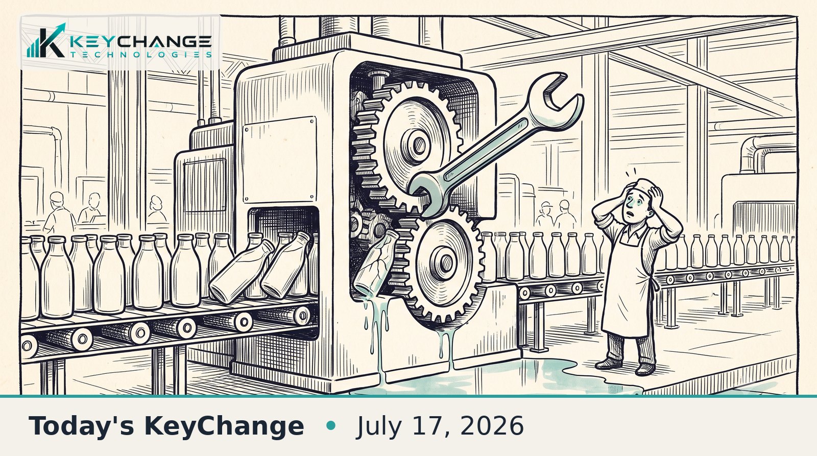Pen-and-ink editorial illustration of a dairy bottling line at a standstill: a giant wrench jams the machine's gears, milk bottles are backed up on a stopped conveyor, milk spills onto the floor, and a worker in an apron stands helplessly with hands on head.