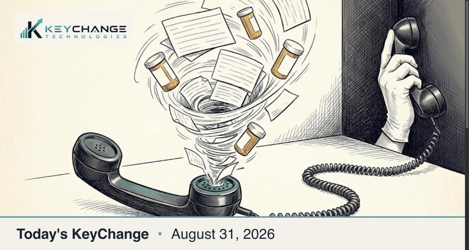 Pen-and-ink editorial illustration: a telephone handset on its side with a whirlpool of blank patient record cards and prescription pill bottles being pulled into its mouthpiece, the coiled cord leading to a gloved hand holding the earpiece in a dark corner.