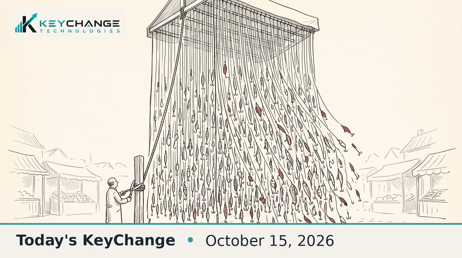 Pen-and-ink sketch of a worker cutting the single rope that holds up a towering market stall of thousands of fishing lures, which begin to tumble down