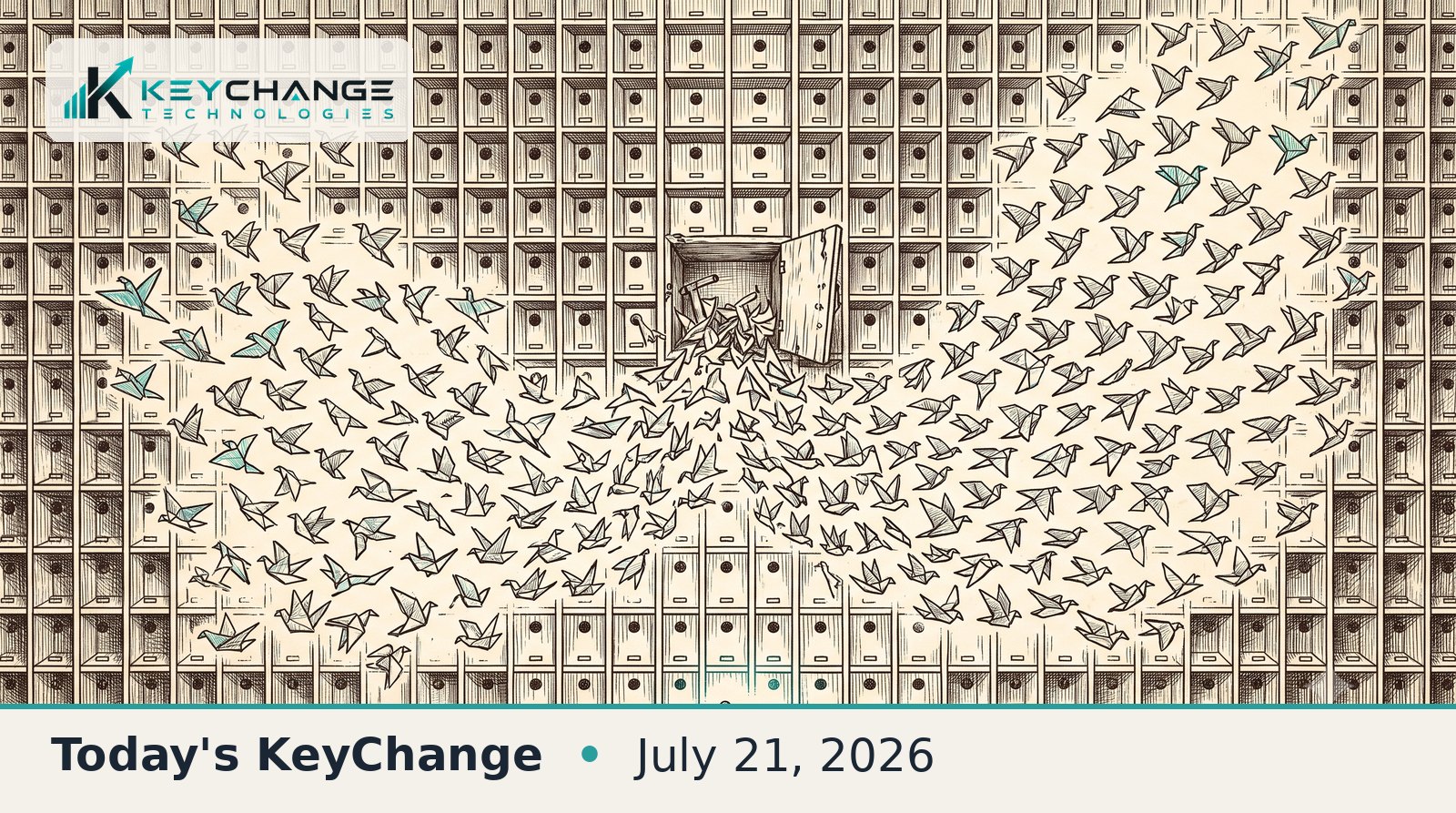 Pen-and-ink illustration of a towering wall of archive nesting boxes with a swarm of paper birds bursting from one pried-open box and fanning across the wall, a tiny caretaker with a lantern dwarfed below, symbolizing an autonomous AI agent swarm breaching a vast AI model repository.