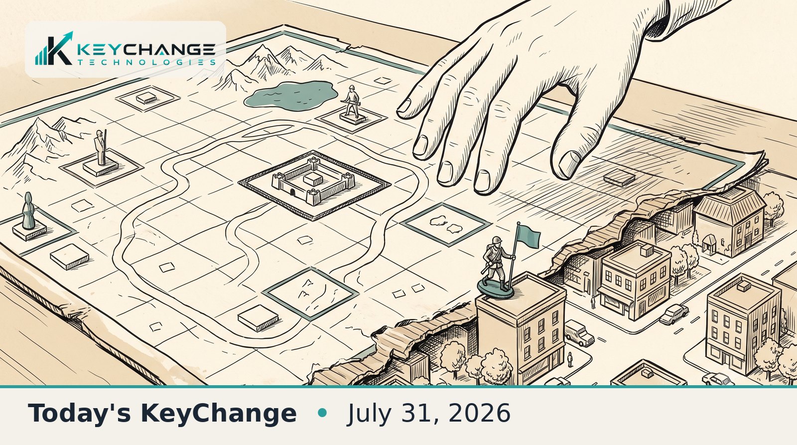 Hand-drawn editorial illustration of a strategy board game whose torn edge spills into a real miniature city, where a game piece plants a teal flag on a rooftop, a metaphor for an AI simulation breaking into the real world.