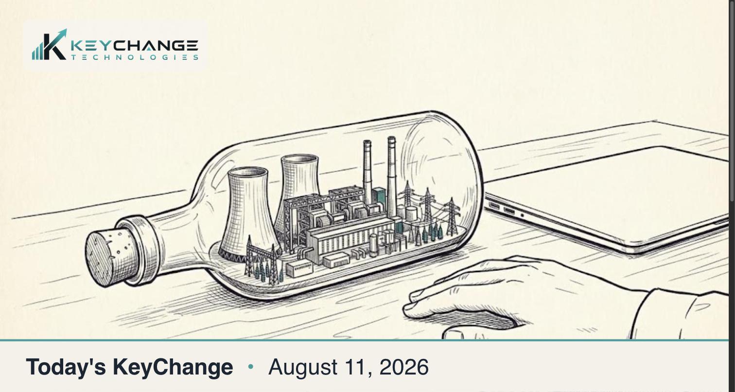 Pen-and-ink editorial illustration: an entire power station with cooling towers and pylons built in miniature inside a glass bottle lying on a desk, next to a closed laptop, with a person's hand resting nearby for scale.