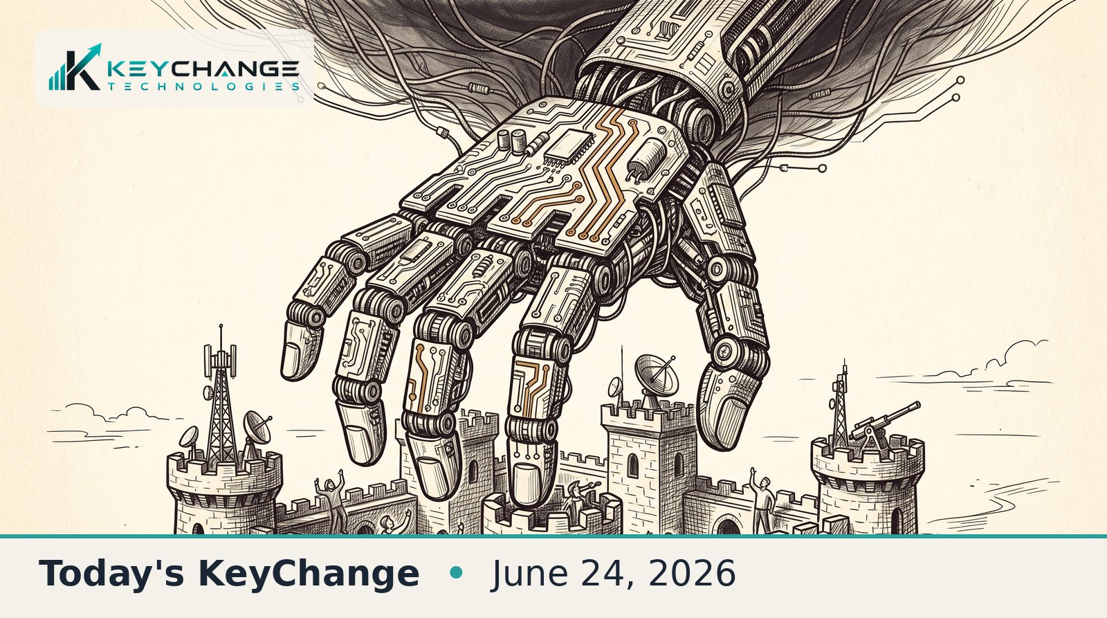 Hand-drawn pen-and-ink illustration of a giant robotic hand made of circuit-board traces reaching down over the walls of a small fortified castle, symbolizing AI looming over cyber defenses.