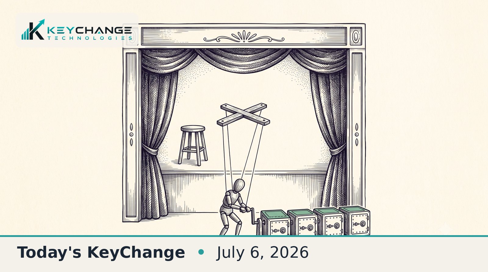 Pen-and-ink editorial illustration of a puppet theater where a marionette works alone with no puppeteer and an empty stool nearby, pulling a lever that clamps a row of strongboxes shut.