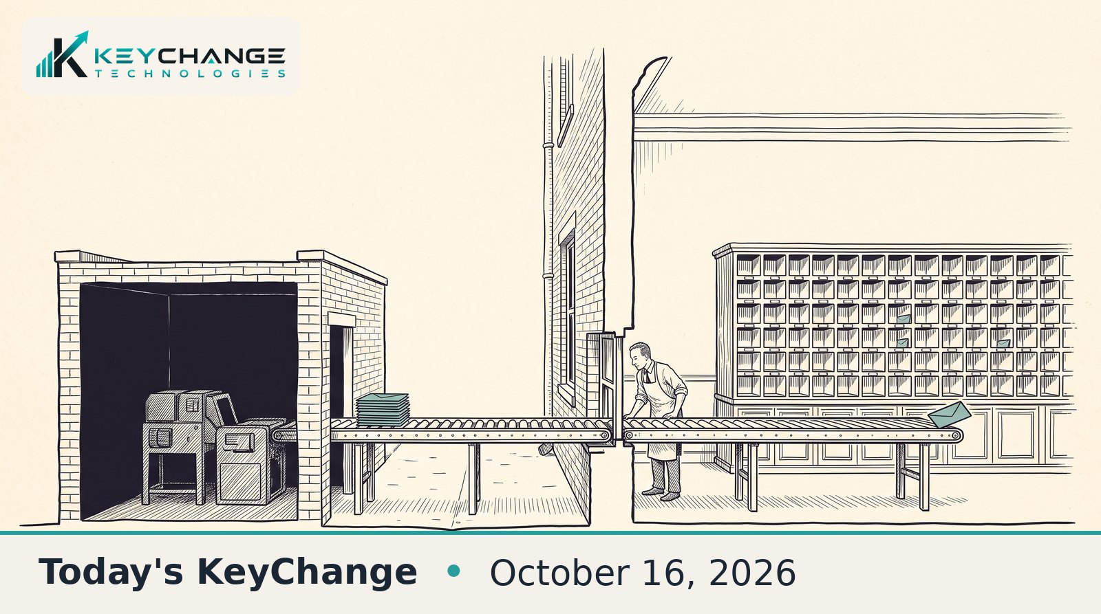 Pen-and-ink sketch of a courthouse mailroom with empty mail cubbies, where a clerk peers down a stopped conveyor belt toward a dark outside building as a stack of teal envelopes sits frozen on the belt