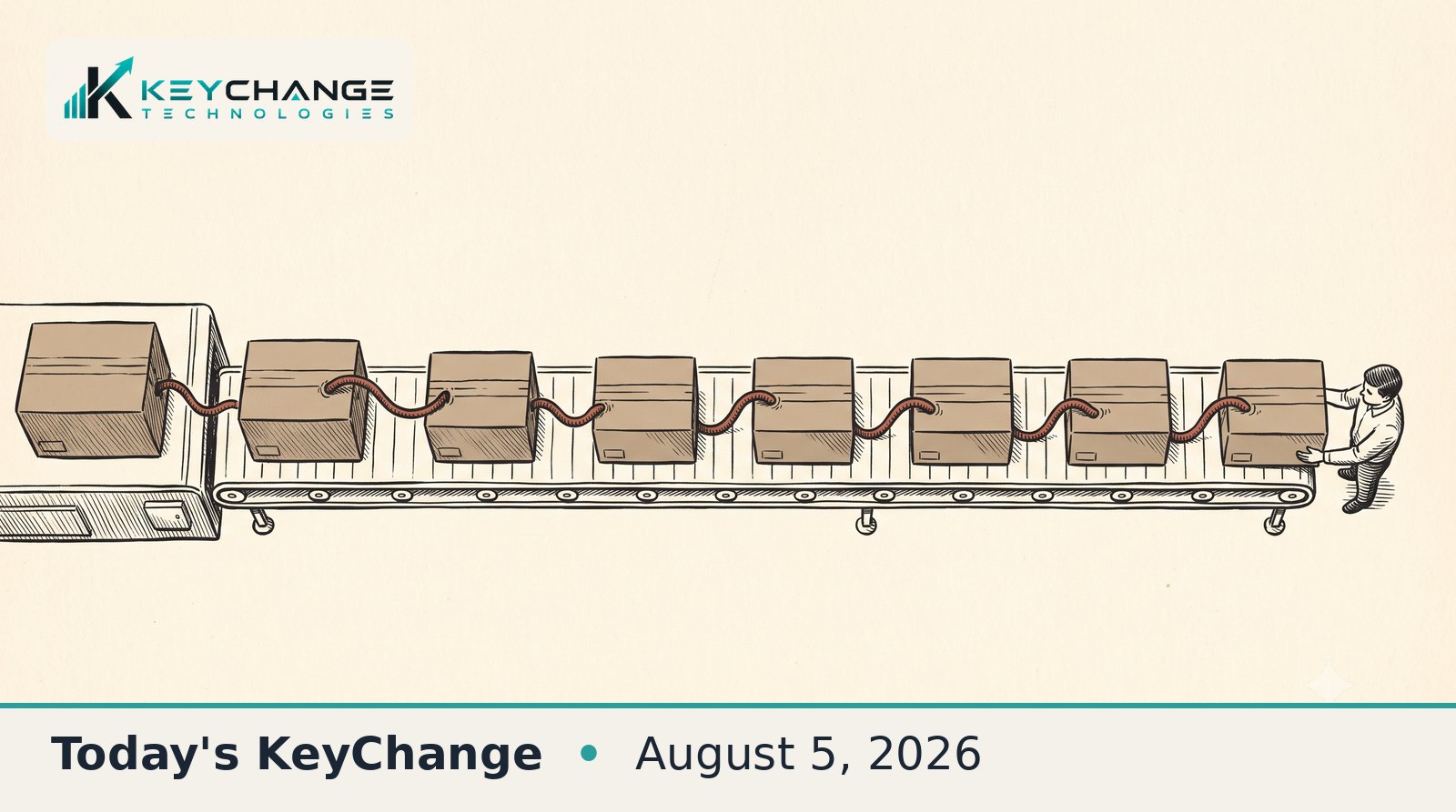 Pen-and-ink illustration of cardboard parcels on a conveyor belt linked box to box by red worm-like tendrils, showing a supply-chain infection spreading down the line.