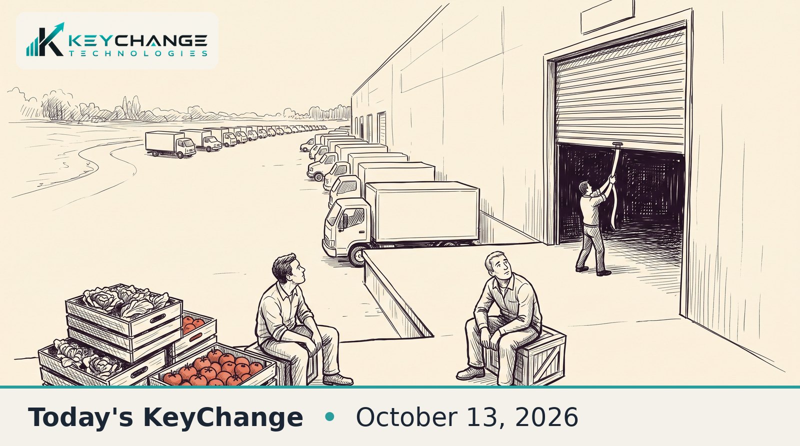 Pen-and-ink sketch of a grocery warehouse loading dock: a worker pulls the roll-up door down from inside while a long line of produce trucks waits on the road and two drivers sit on crates beside boxes of lettuce and red tomatoes.