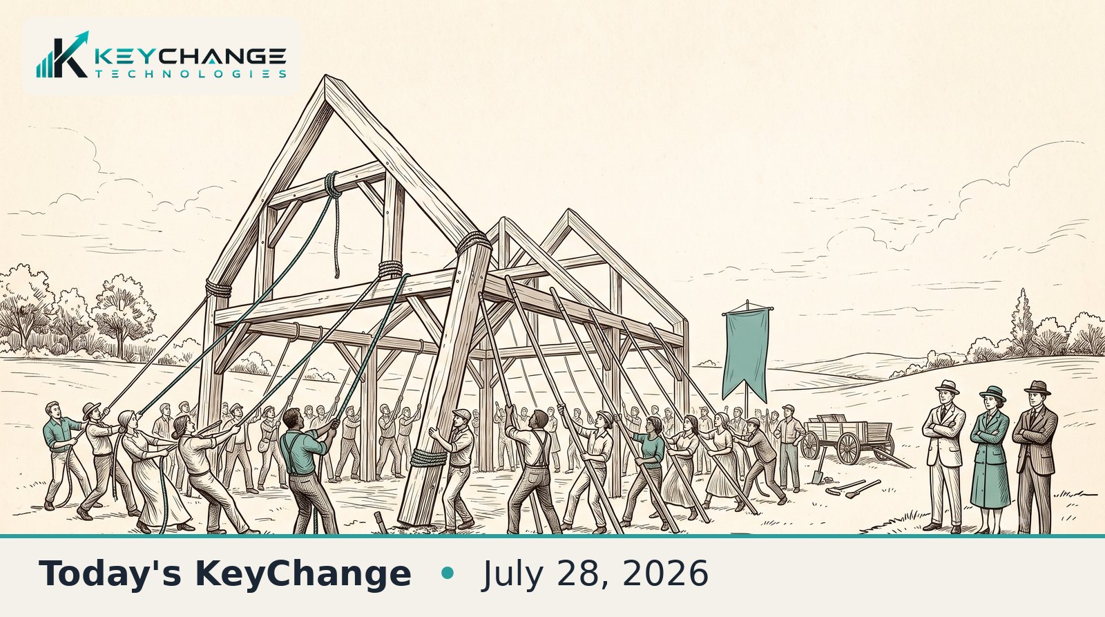 A pen-and-ink editorial illustration of a community barn-raising: a large crowd hoists a wooden barn frame together with ropes and poles while three well-dressed figures stand apart with arms crossed, watching them build.