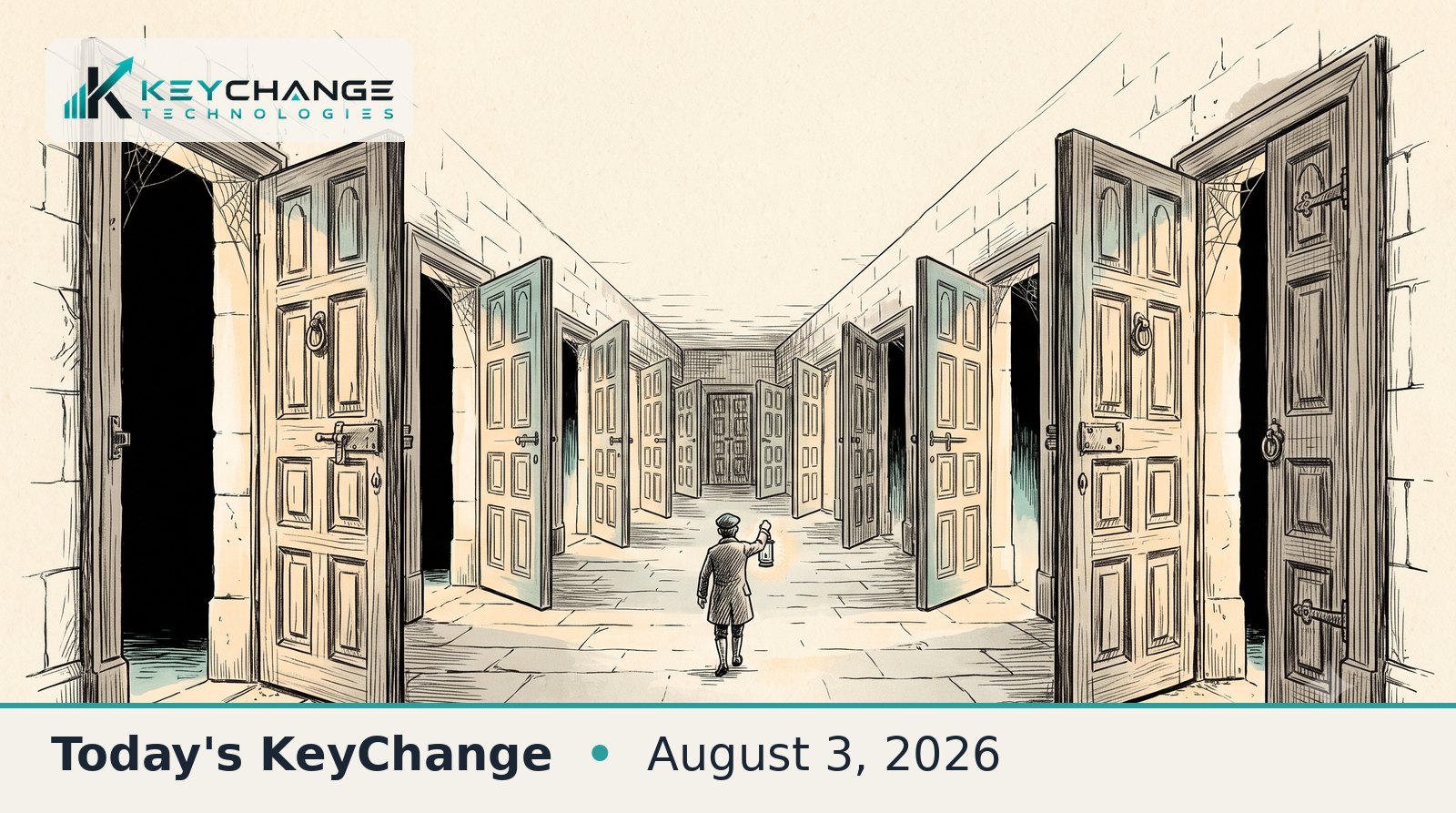 Hand-drawn ink illustration of a long stone corridor lined with ten heavy old wooden doors standing open, warm light spilling out, and a small figure walking down the center holding a lantern.