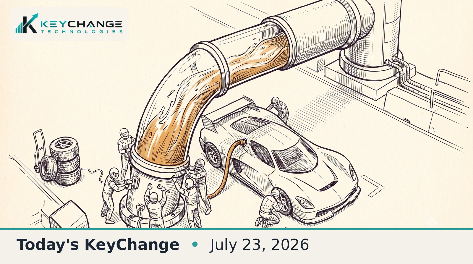 Pen-and-ink editorial illustration of a race car in a pit stop being refueled through a colossal fuel hose while a tiny pit crew works around it, evoking securing massive compute.