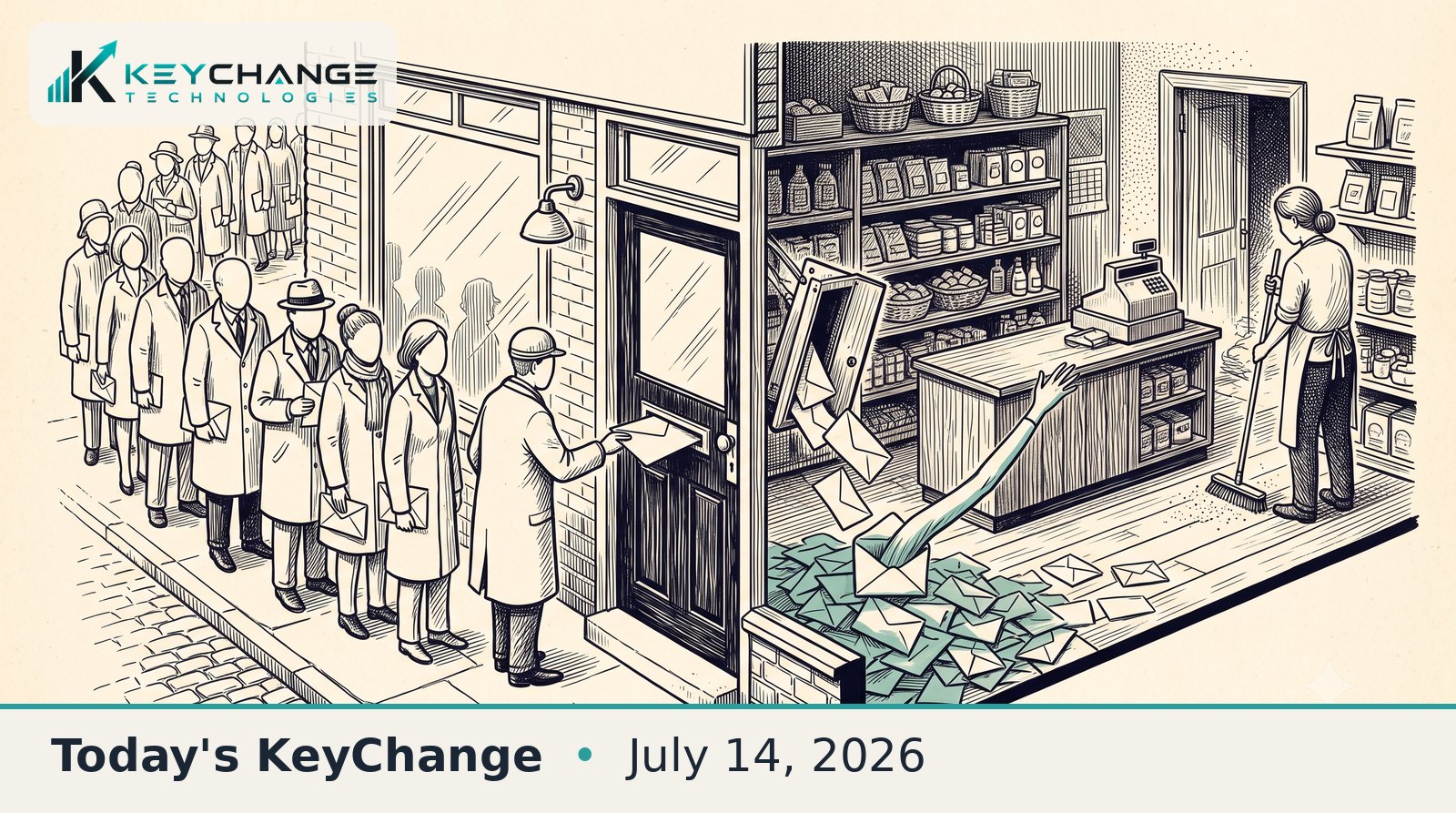 Pen-and-ink cutaway illustration of a small shop: a queue of anonymous figures posts envelopes through a slot in the front door while the envelopes pile up inside and an arm reaches out of one toward the till, as the shopkeeper sweeps, unaware.